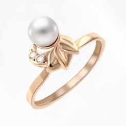 Women's ring, russian red gold 585, with pearl and cubic zirconia, pearl diameter approx. 5 mm, weight of the piece of jewelry: approx. 2,62 gr.