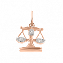 Pretty pendant Zodiac sign - Libra, 24.09-23.10, red gold 585, with 3 zirconia, height approx. 22 mm