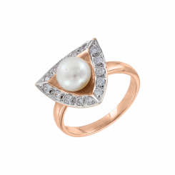 Lovely women's ring, red gold 585, with pearl and cubic zirconia, weight approx. 5.05 gr.