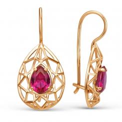 Earrings, russian red gold 585, with corundum, height approx. 28 mm