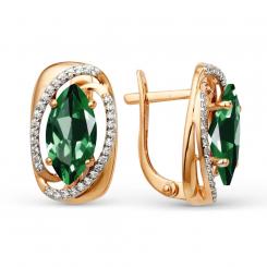 Earrings, russian red gold 585, with cubic zirconia and sitall, width approx. 10 mm, height approx. 17 mm