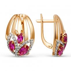 Earrings, russian red gold 585, with cubic zirconia and corundum, width approx. 13 mm, height approx. 19 mm