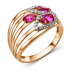 Women's ring, russian red gold 585, with zirconia and corundum, width approx. 13 mm