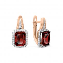 Eye-catching earrings, Russian red gold 585, with 52 cubic zirconia and 2 garnet - size approx.8x6 mm, height approx. 17 mm