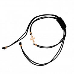 Bracelet, russian red gold 585, length of the cross approx. 10 mm, black cord, bracelet length approx. 22 cm