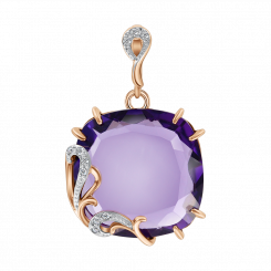 Modern pendant, russian red gold 585, with amethyst and zirconia, size of the decorative part approx. 16x16 mm, height approx. 27 mm