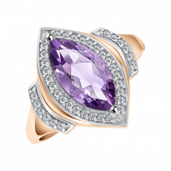 Women's ring made of 585 red gold, with amethyst and cubic zirconia; center stone measures approximately 10x17 mm
