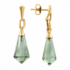 Amazing stud earrings, yellow gold 585, with green amethyst, height approx. 37 mm