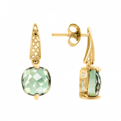 Stud earrings, yellow gold 585, with green amethyst - size approx. 8x8 mm, height approx. 21 mm