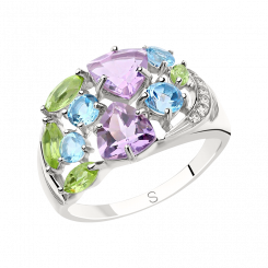 erstklassiger Damenring mit Topas, Amethyst HTS, Chrysalith, Zirkonia, Silber 925