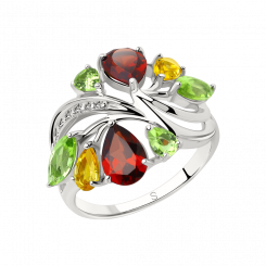 Auffallender Damenring 925 Silber, Granat, Chrysolith, Zitrin und Zirkonia