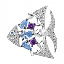 Unique brooch in fish shape, silver 925, with 1 pearl HTS, 2 amethyst and with 4 blue and 56 colorless cubic zirconia, width about 22 mm, length about 24 mm
