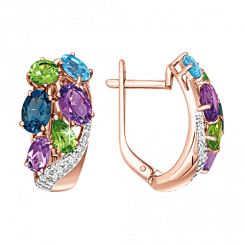 Gorgeous earrings, red gold 585, with zirconia, amethysts, topaz London Blue, topaz, chrysolite, height approx. 20 mm, weight approx. 4,7 g.