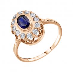 Women's ring, russian red gold 585, with sapphire - size approx. 6x4 mm and zirconia, size of the central part approx. 13x10 mm