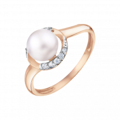 Exquisiter Damenring, Russisches Rotgold 585, mit 10 Zirkonia und Perle - Größe ca. 6,5-7 mm, Frontbreite ca. 10,2 mm