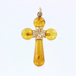 Unique pendant cross in red gold 585, with amber, weight approx. 2,7 gr.