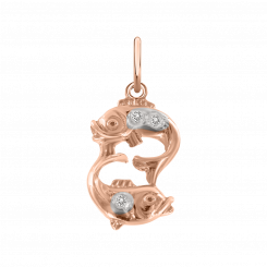Pretty pendant Zodiac sign - Pisces, 20.02-20.03, red gold 585, with 3 zirconia, height approx. 24 mm