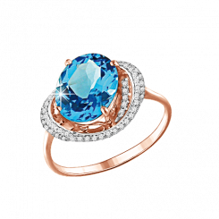 Exquisite women's ring, red gold 585, with blue topaz and zirconia