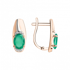 Beautiful earrings, red and white gold 585, with green agate - size approx. 7x5 mm, and 8 cubic zirconia, height approx. 16 mm