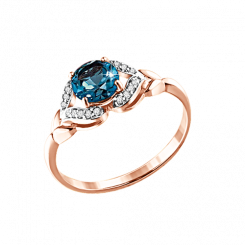 Beautiful women's ring, red gold 585, with London Blue topaz - diameter about 6 mm and zirconia