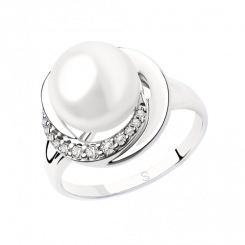 Erstaunlicher Damenring, Silber 925, mit Perle HTS und 12 Zirkonia, Frontbreite ca. 14 mm