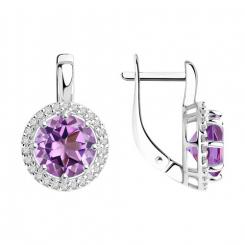 Ohrringe, Silber 925, mit Amethyst - Durchmesser ca. 8 mm und Zirkonia, Durchmesser des Dekorelements ca. 12 mm, Höhe ca. 19 mm