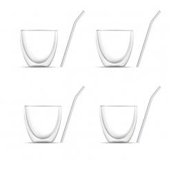 Set of 8: Four double-walled coffee glasses (240 ml each) &amp; four glass straws