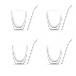Set of 8: Four double-walled cappuccino glasses (330 ml each) &amp; four glass straws