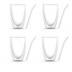 Set of 8: Four double-walled latte macchiato glasses (440 ml each) &amp; four glass straws