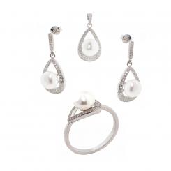 Drop-shaped jewelry set in 925 silver with pearl and zirconia