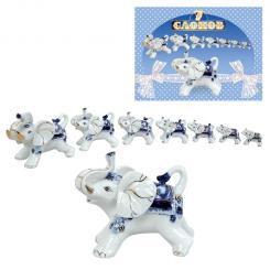 Set of figures "7 elephants" blue, made of porcelain