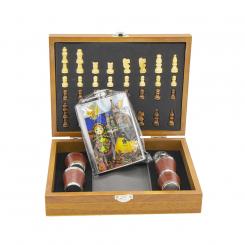 Подарочный Набор Матрёшка в деревянной коробке - фляжка из нержавеющей стали 240 мл + шахматы