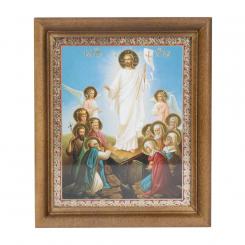 Ikone "Die Auferstehung Jesu Christi",Holzumrahmung, Doppelprägung, unter Glas, 11 x 13 cm