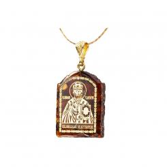 AmberProfi Icon Pendant with Amber and Gold Plated Face of Nicholas the Wonderworker
