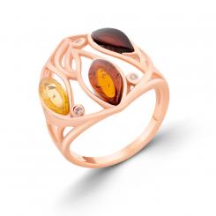 Женское кольцо из розового позолоченного серебра 925 пробы с янтарем 3 оттенков цвета и цирконием