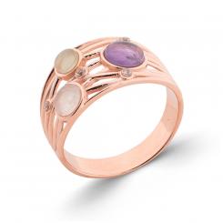 Ladies' ring rose gold-plated in 925 silver with amethyst, quartz and prehnite