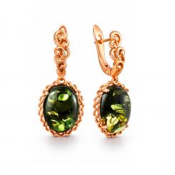 Gold-plated 925 silver earrings with oval green amber in a vintage frame