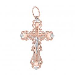 Cross pendant in 585 red gold with engraving crucifixion of Christ, bicolor