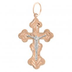 Cross pendant in 585 red gold with engraving crucifixion of Christ, bicolor