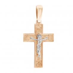 Cross pendant in 585 red gold with engraving and crucifixion of Christ, bicolor