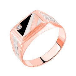 Men's ring in 585 rose gold with cubic zirconia and black enamel