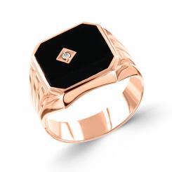 Мужское кольцо из красного золота 585 пробы с ониксом и бриллиантом 0,03 к WSI или фианитом