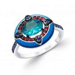 Sokolov ladies' ring in 925 silver with sitall, corundum and zirconia, with enamel