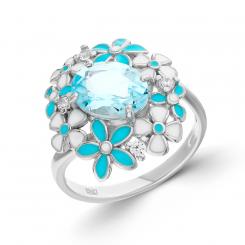 Sokolov ladies' ring in 925 silver with blue topaz, zirconia and enamel