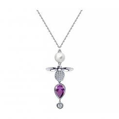 Necklace in 925 silver with Swarovski pearls, purple Sitall and colorless zirconia