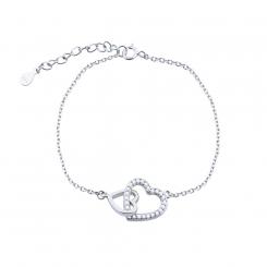 Double heart hand chain in 925 silver with colorless zirconia, 20 cm