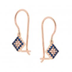 Square earrings in 585 rose gold with blue and colorless zirconia