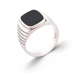 Square men's ring in 925 silver with black enamel