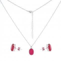 Jewelry set in 925 silver: necklace and earrings with ruby-colored zirconia
