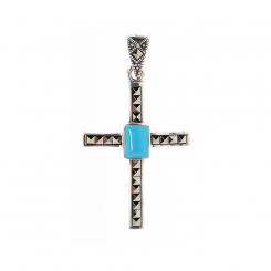 Cross pendant in 925 silver with blue turquoise and colorless zirconia